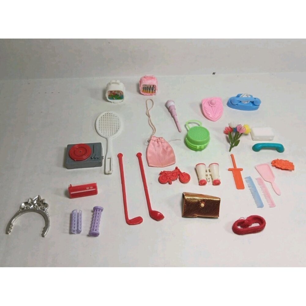 Vintage Lot Of 27 Barbie Doll Accesories Holographic Tvs Golf Clubs Phone